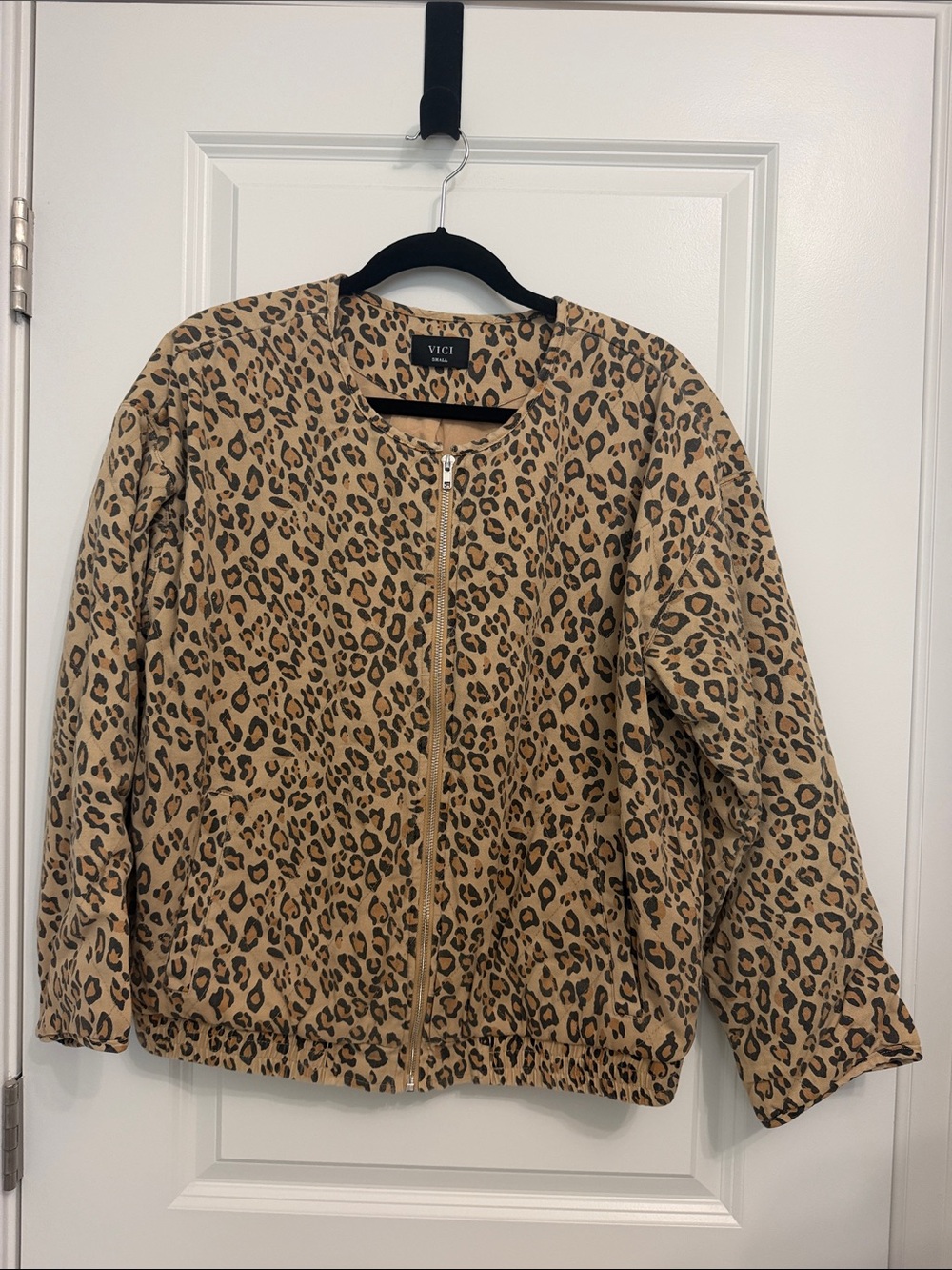 Vici Leopard-Print Bomber Jacket in Tan and Black